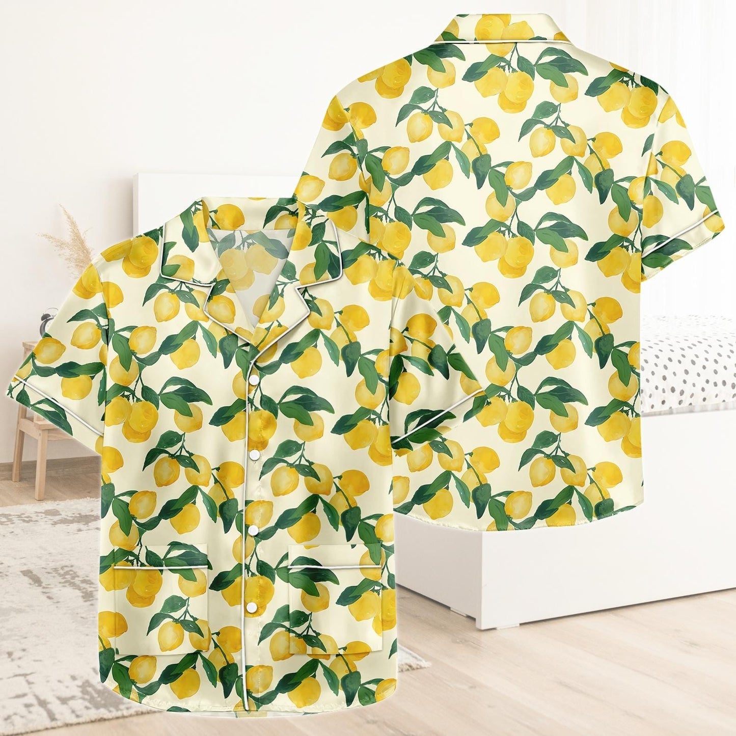 Lemon Short Satin Pajamas, Kawaii Lemon Pajamas Women, Summer Pajama Shorts For Women, Bridal Party Silk Pajamas Women