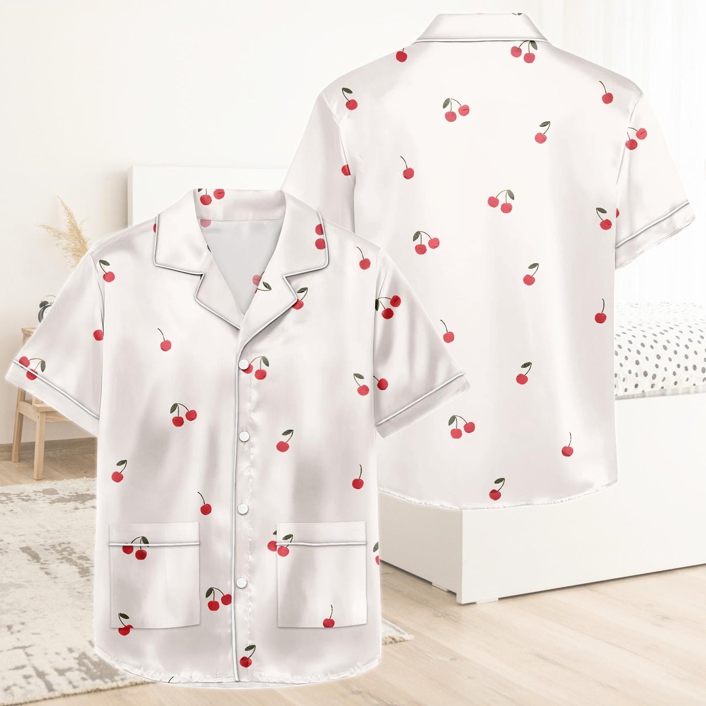 Cherry Short Satin Pajamas, Funny Cherry Pajamas Set Women, Fruit Print Bridal Party Pajamas Women, Summer Matching Pajamas Shorts Wome