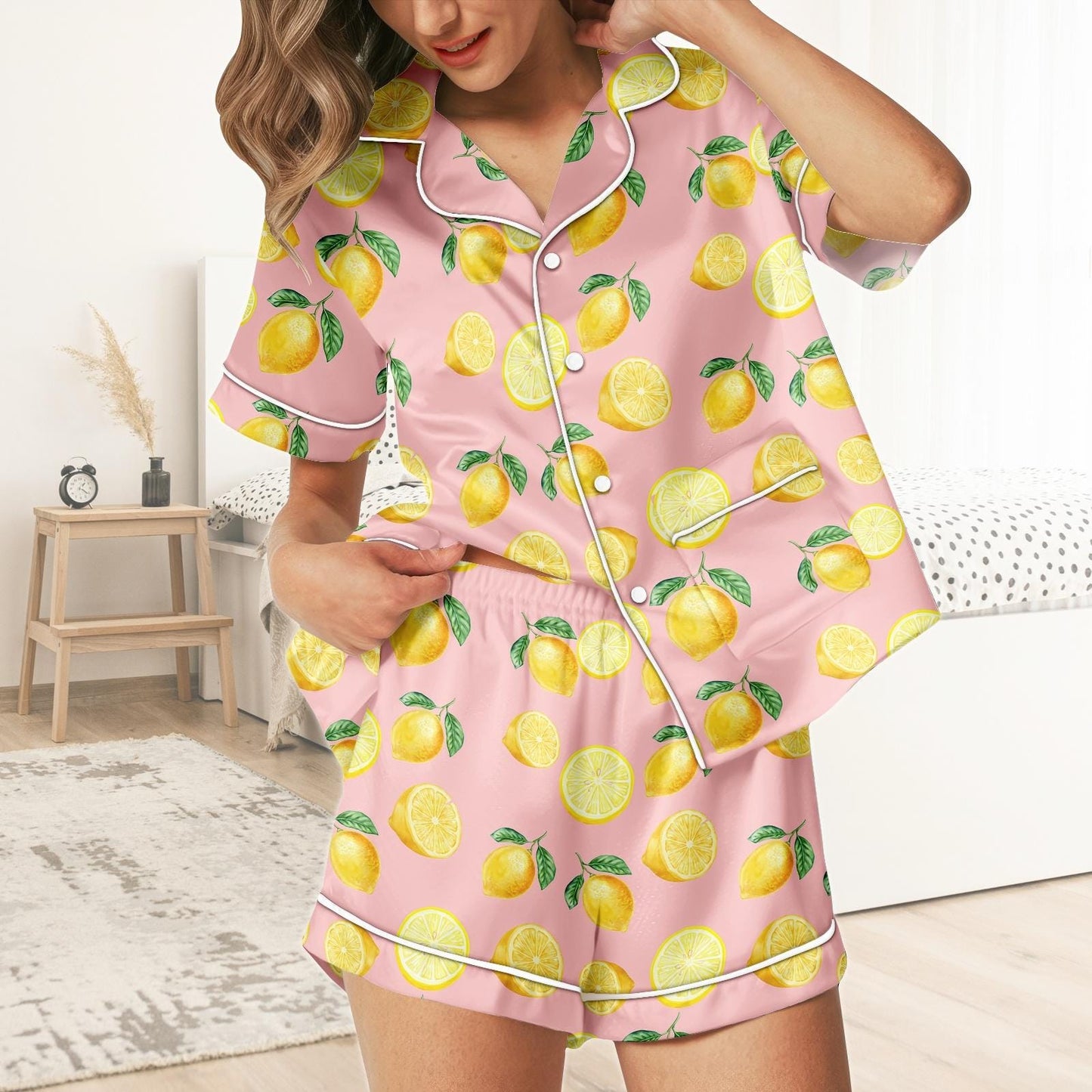Lemon Short Satin Pajamas, Fruit Print Lemon Pajamas Set Women, Summer Silk Pajamas For Women, Matching Pajama Shorts Women