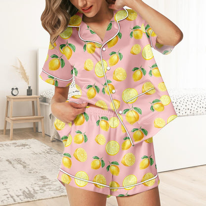 Lemon Short Satin Pajamas, Fruit Print Lemon Pajamas Set Women, Summer Silk Pajamas For Women, Matching Pajama Shorts Women