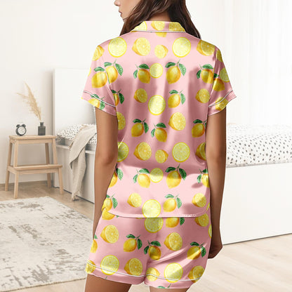 Lemon Short Satin Pajamas, Fruit Print Lemon Pajamas Set Women, Summer Silk Pajamas For Women, Matching Pajama Shorts Women