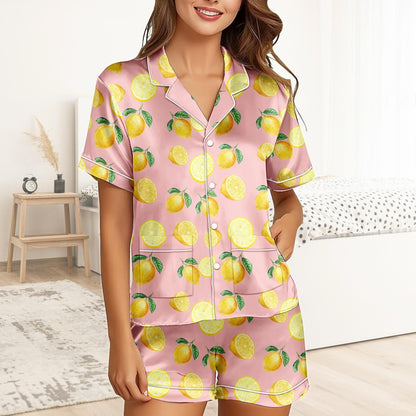 Lemon Short Satin Pajamas, Fruit Print Lemon Pajamas Set Women, Summer Silk Pajamas For Women, Matching Pajama Shorts Women