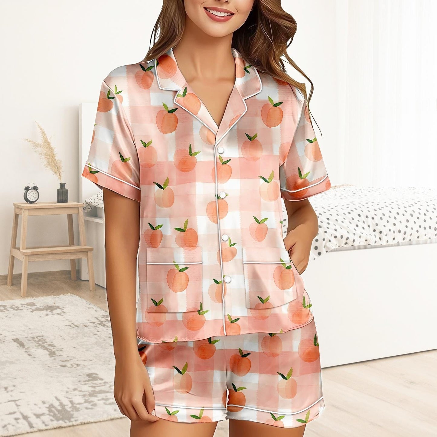 Peach Short Satin Pajamas, Fruit Print Peach Pajamas Set Women, Pastel Silk Pajamas For Women, Summer Matching Pajama Shorts Women