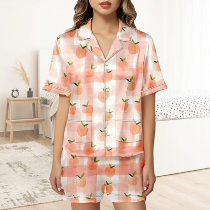 Peach Short Satin Pajamas, Fruit Print Peach Pajamas Set Women, Pastel Silk Pajamas For Women, Summer Matching Pajama Shorts Women