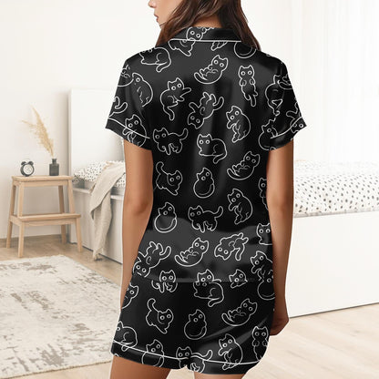 Black Cat Short Satin Pajamas, Spooky Cat Pajamas Set Women, Halloween Silk Pajamas For Women, Pastel Matching Pajamas Women