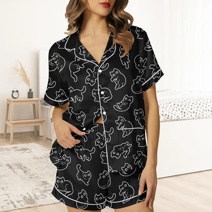 Black Cat Short Satin Pajamas, Spooky Cat Pajamas Set Women, Halloween Silk Pajamas For Women, Pastel Matching Pajamas Women