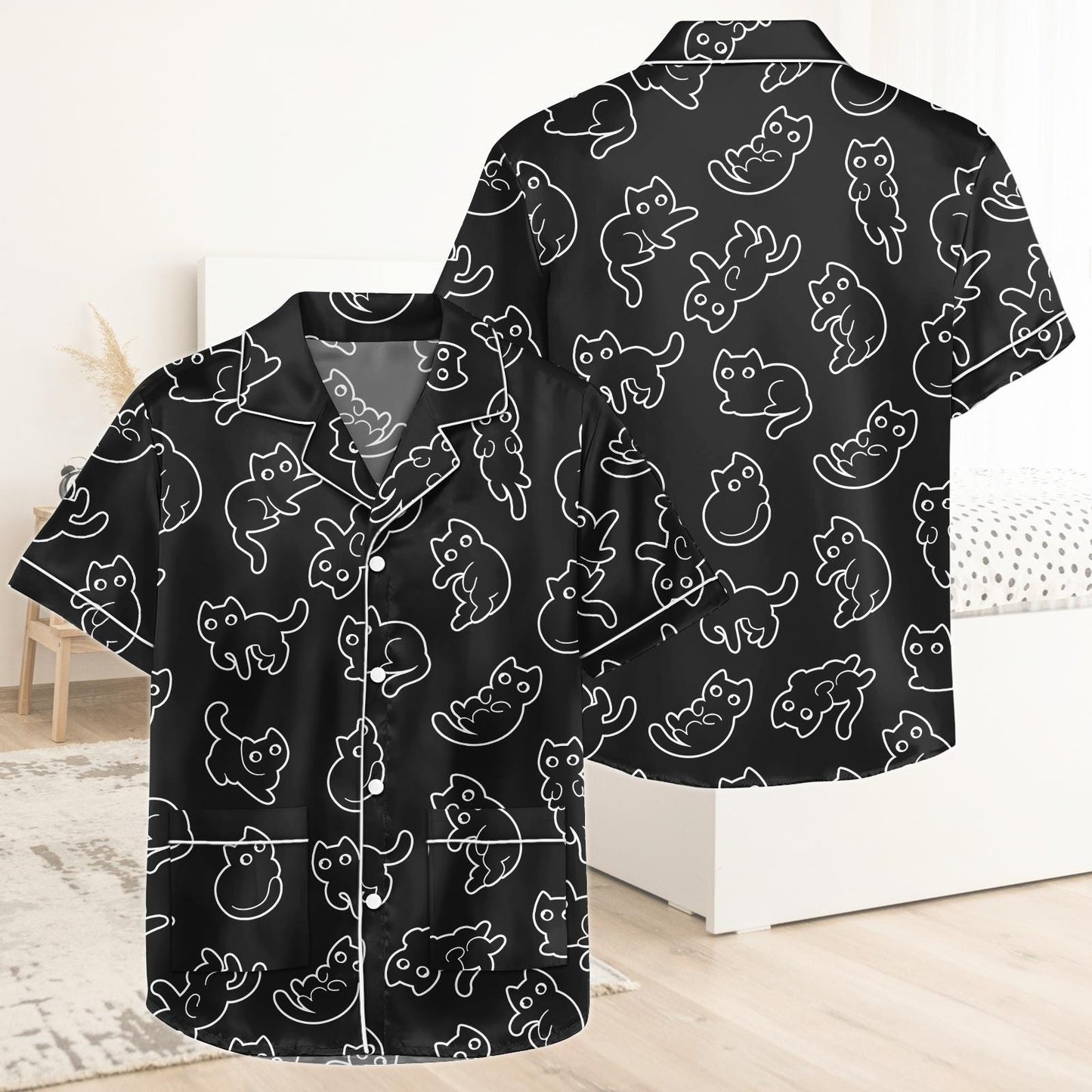 Black Cat Short Satin Pajamas, Spooky Cat Pajamas Set Women, Halloween Silk Pajamas For Women, Pastel Matching Pajamas Women