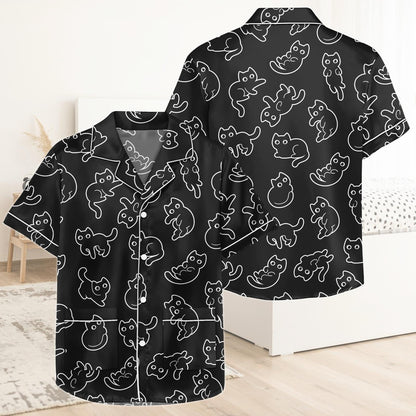 Black Cat Short Satin Pajamas, Spooky Cat Pajamas Set Women, Halloween Silk Pajamas For Women, Pastel Matching Pajamas Women