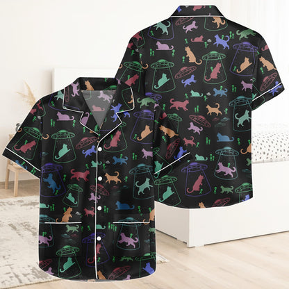 Alien Cat Short Satin Pajamas, Space Cat Pajamas Women, Halloween Pajama Set Women, Pastel Matching Pajamas Women