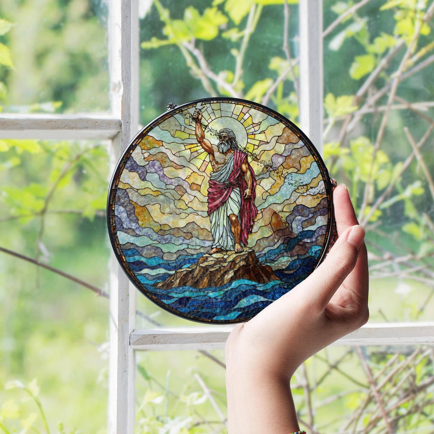 Biblical stained glass Moses parting sea round suncatcher Christian home decor gift for Easter or pastor