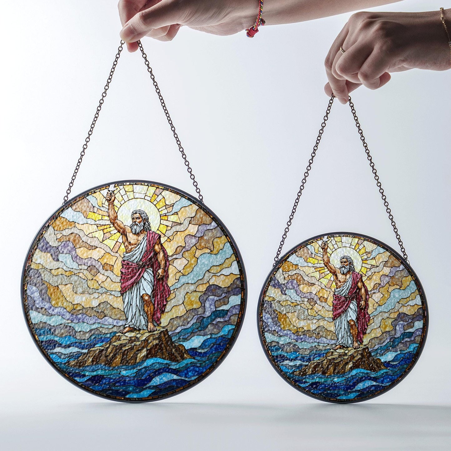 Biblical stained glass Moses parting sea round suncatcher Christian home decor gift for Easter or pastor
