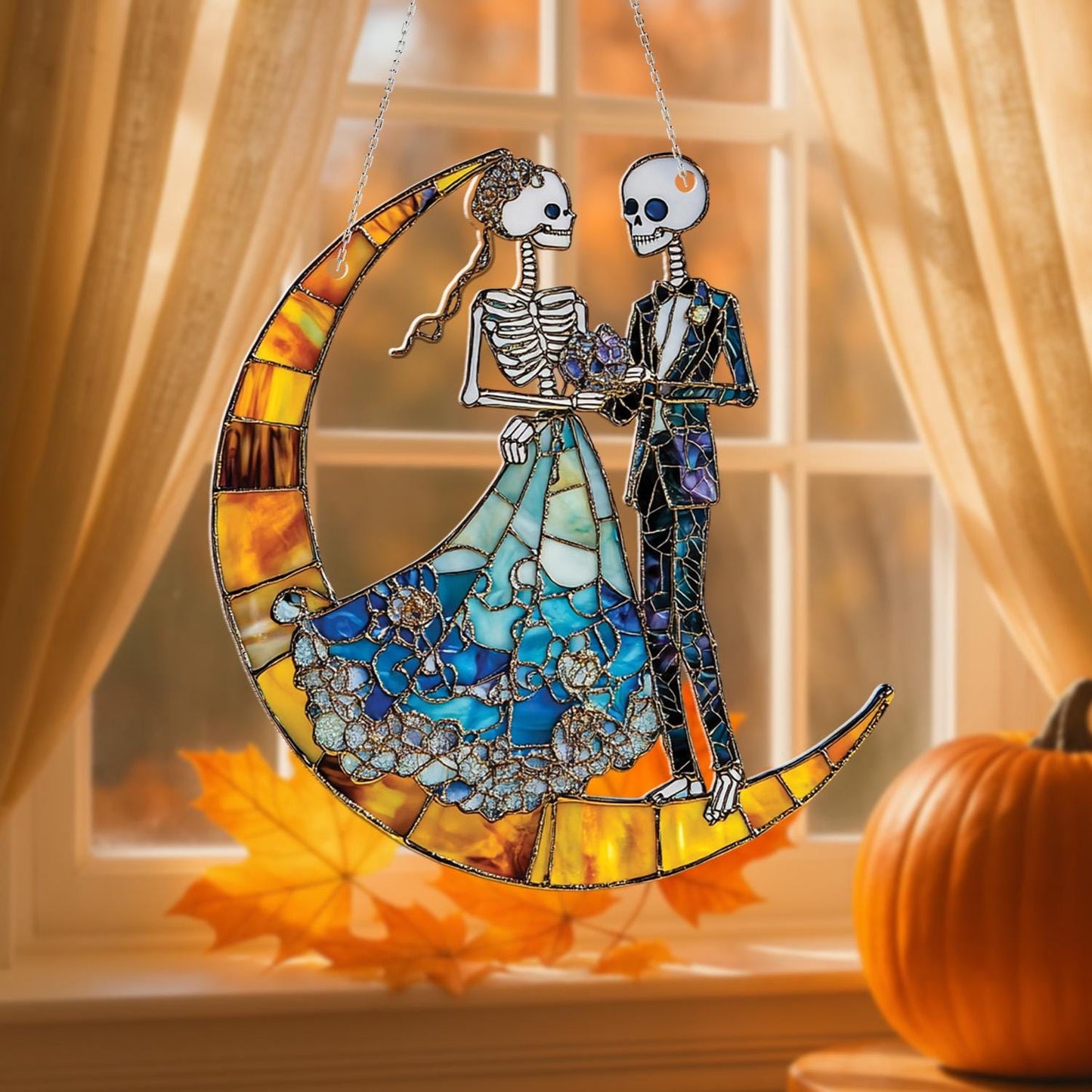 Skeleton Wedding Window Hanging on Crescent Moon, Gothic Romantic Couple Decor, Spooky Halloween Bride and Groom Art Alternative Love Gift