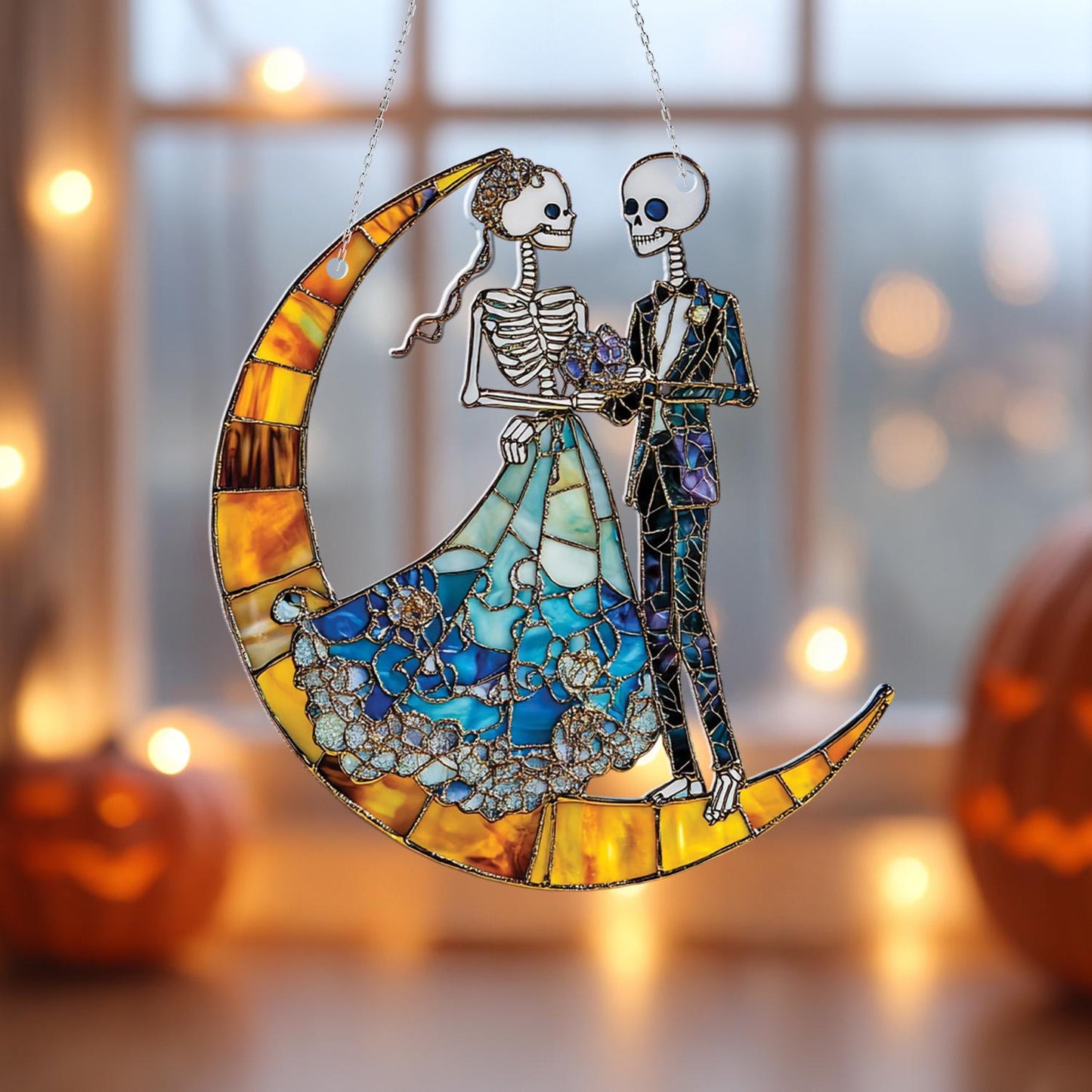 Skeleton Wedding Window Hanging on Crescent Moon, Gothic Romantic Couple Decor, Spooky Halloween Bride and Groom Art Alternative Love Gift