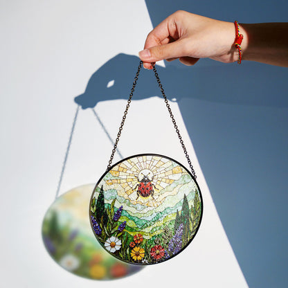 Ladybug and wildflower stained glass suncatcher spring garden gift