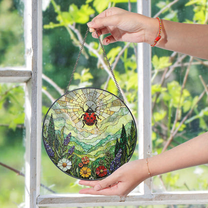 Ladybug and wildflower stained glass suncatcher spring garden gift