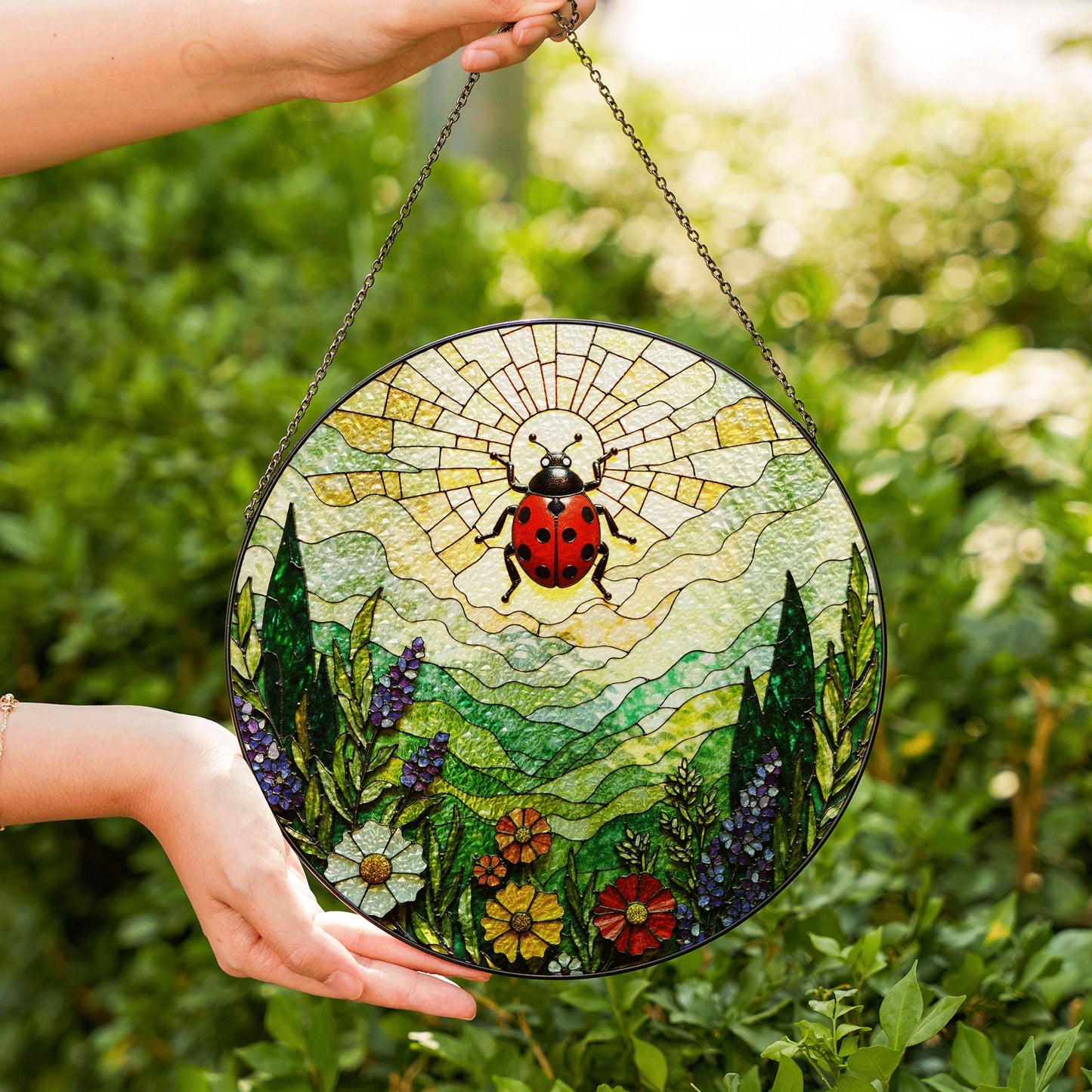 Ladybug and wildflower stained glass suncatcher spring garden gift