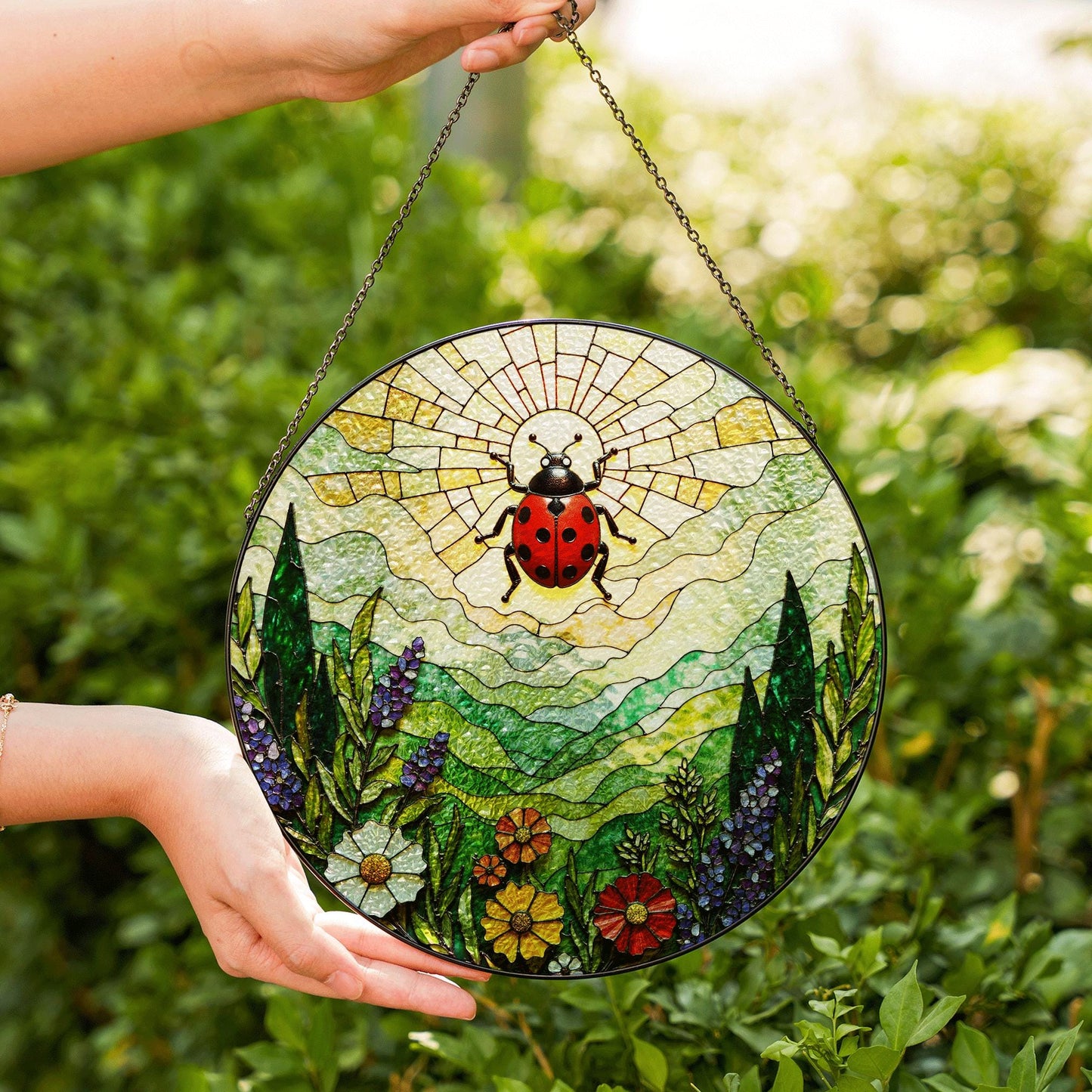 Ladybug and wildflower stained glass suncatcher spring garden gift