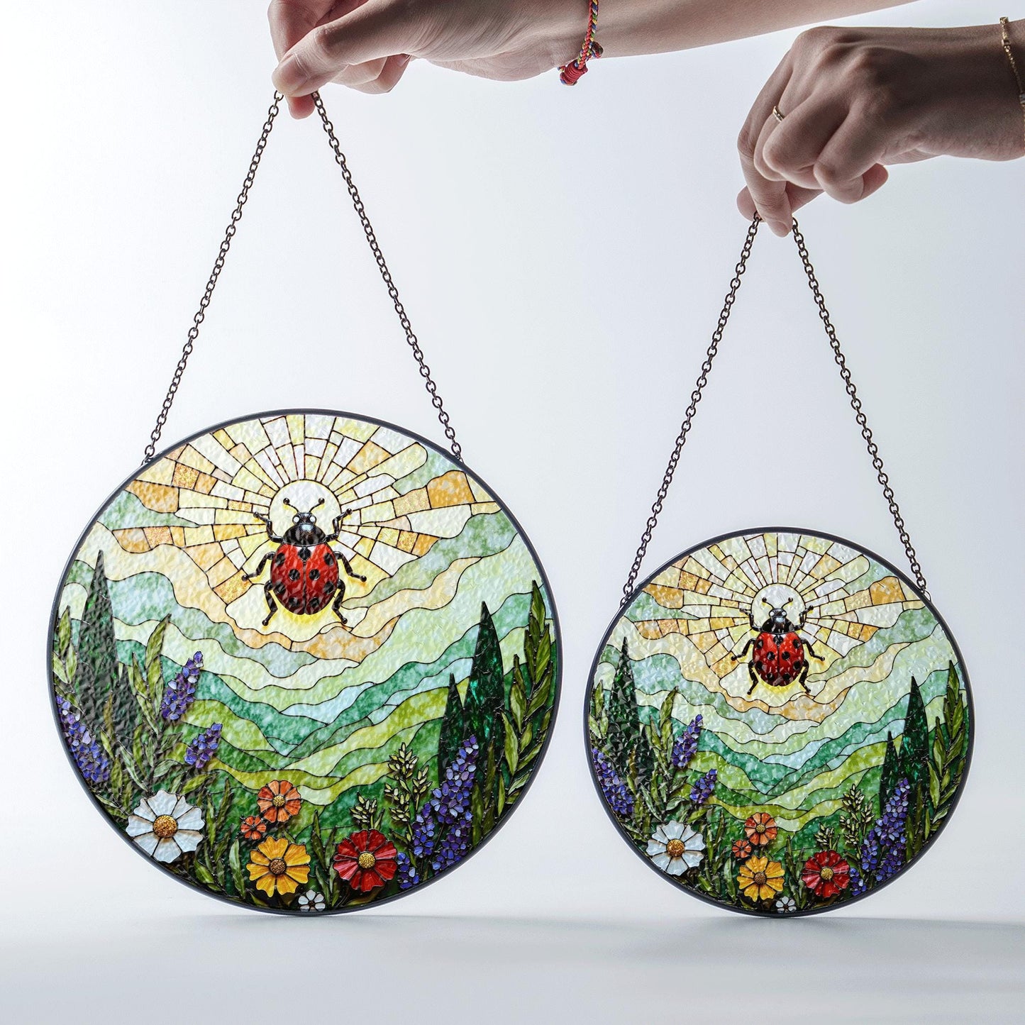 Ladybug and wildflower stained glass suncatcher spring garden gift