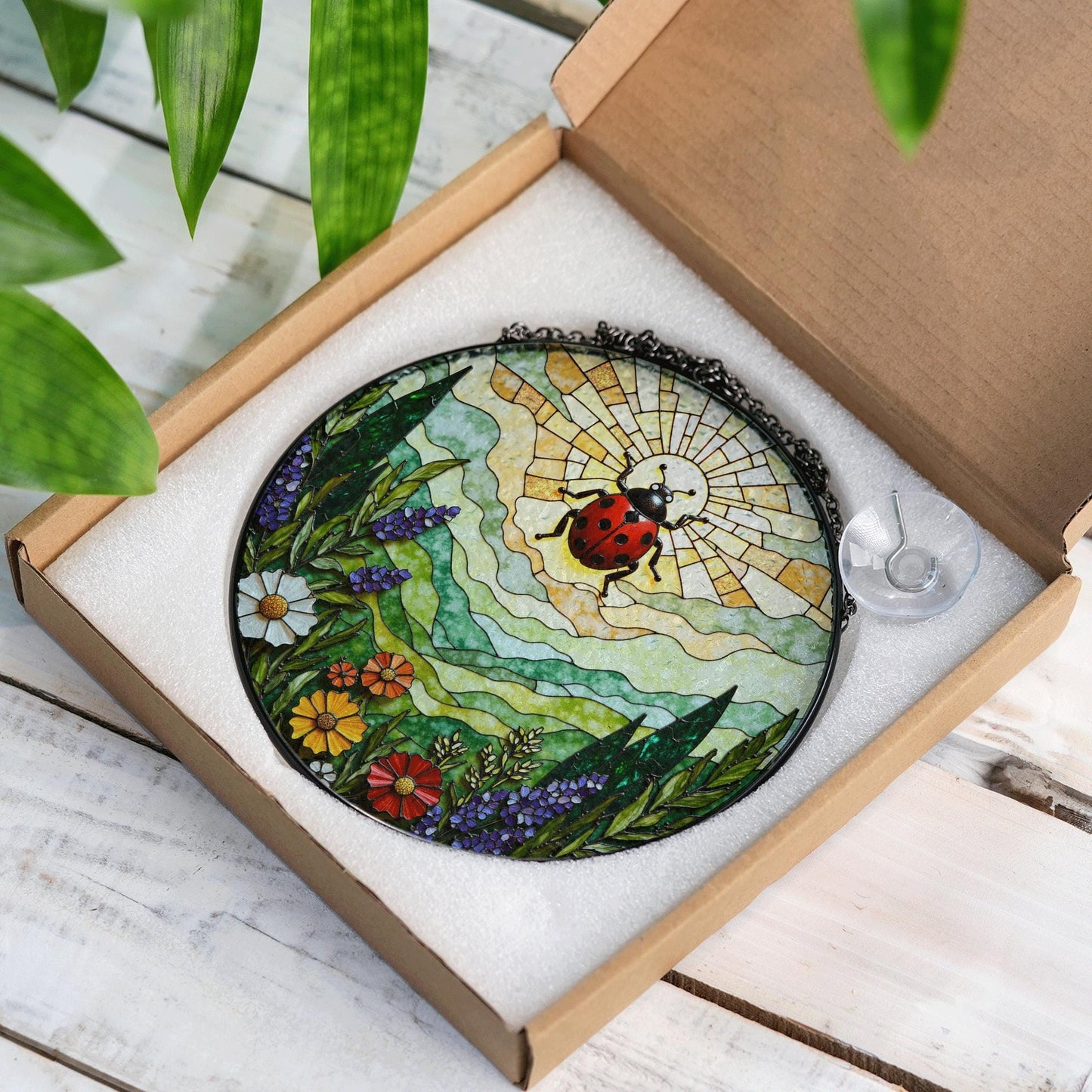 Ladybug and wildflower stained glass suncatcher spring garden gift