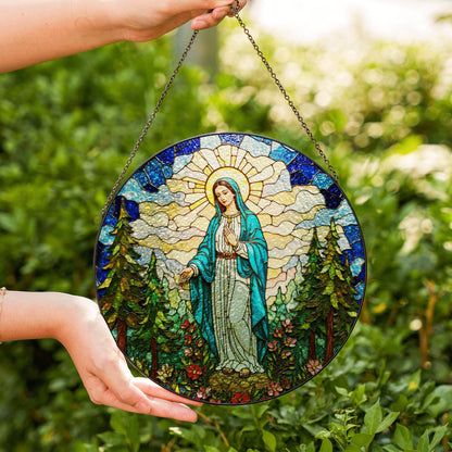 Blessed Virgin Mary stained glass style round suncatcher spiritual window decor gift for Easter or Catholic mom