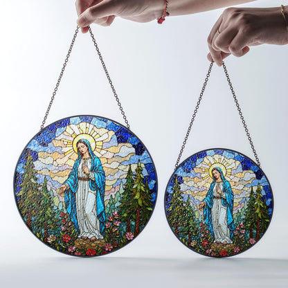Blessed Virgin Mary stained glass style round suncatcher spiritual window decor gift for Easter or Catholic mom