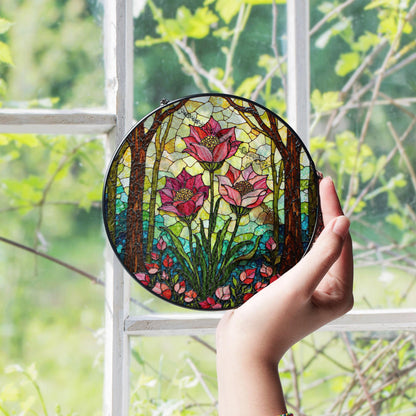 Pink lotus flower forest suncatcher stained glass window hanging gift for her birthday decor