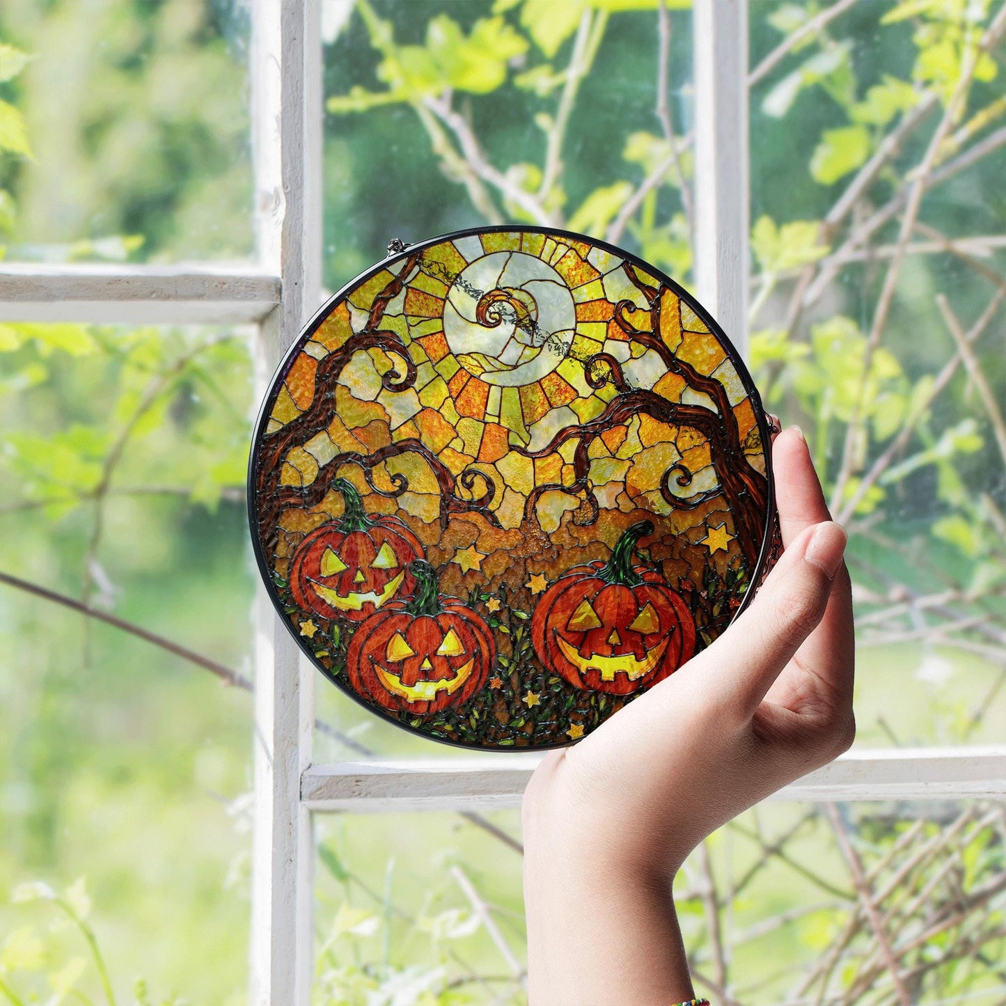 Jack o lantern stained glass suncatcher spooky tree Halloween window decor gift for her or kids