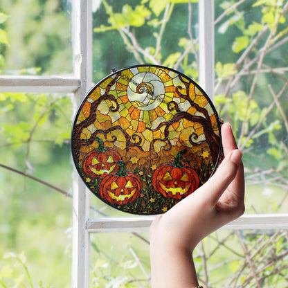 Jack o lantern stained glass suncatcher spooky tree Halloween window decor gift for her or kids