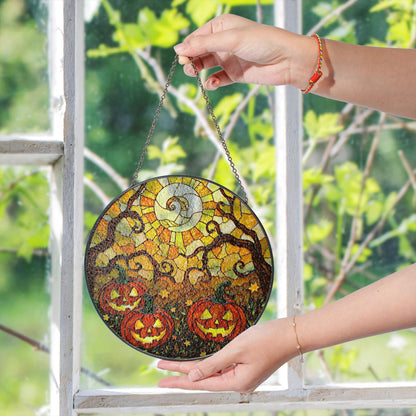 Jack o lantern stained glass suncatcher spooky tree Halloween window decor gift for her or kids
