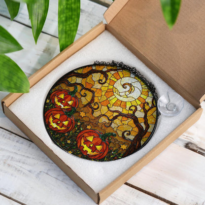 Jack o lantern stained glass suncatcher spooky tree Halloween window decor gift for her or kids