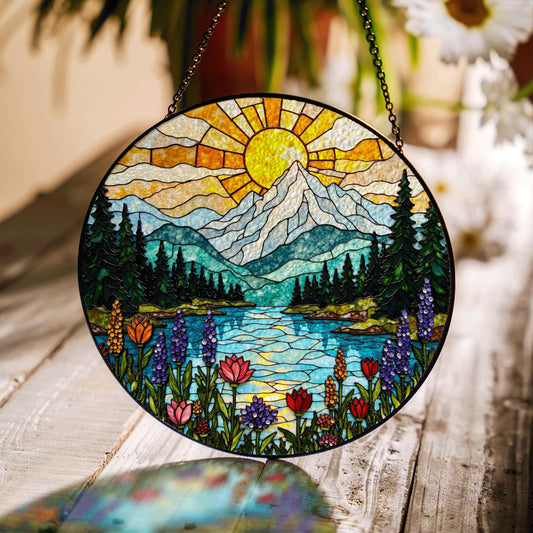 Mountain Lake Wildflower Suncatcher Stained Glass Window Hanging Gift for Nature Lovers