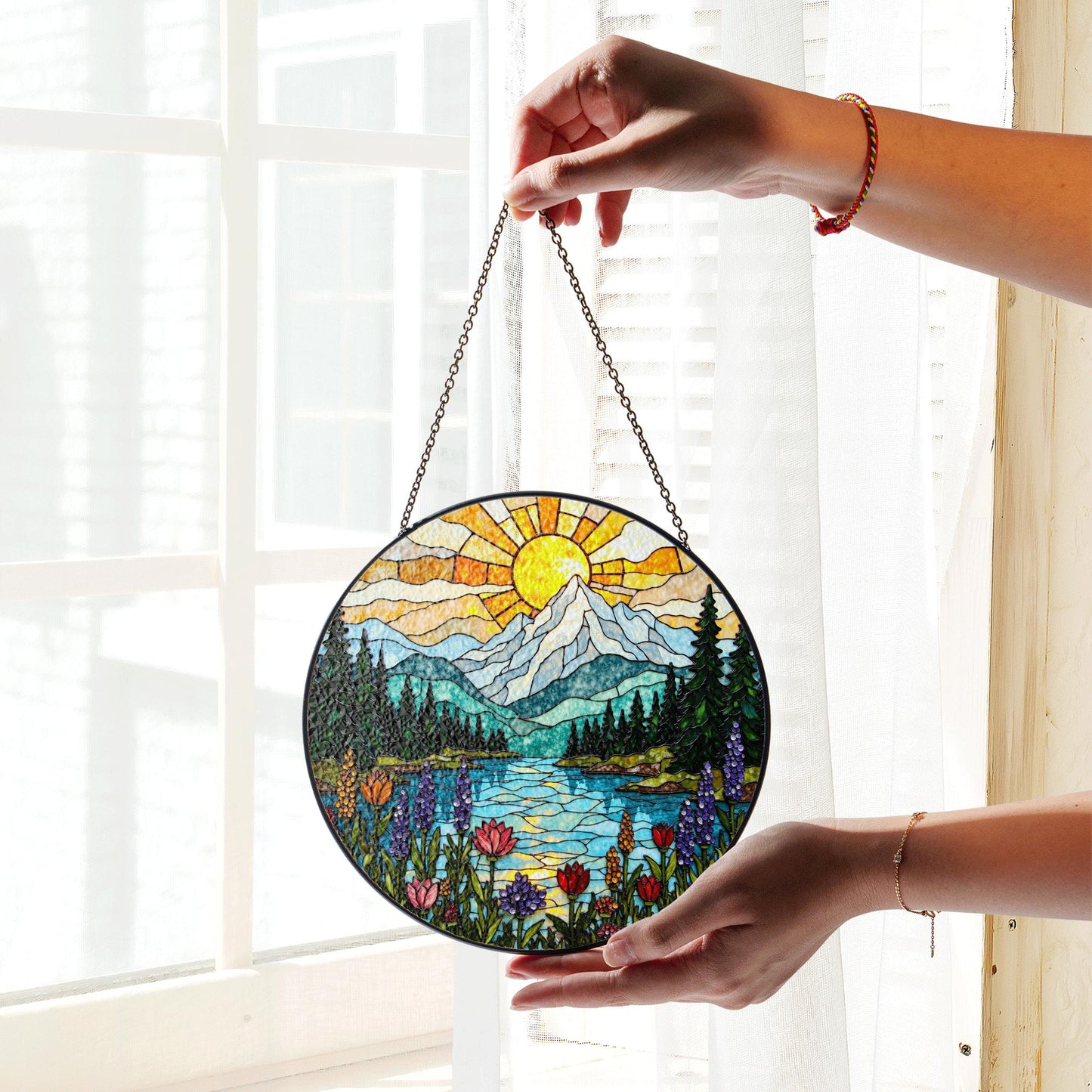 Mountain Lake Wildflower Suncatcher Stained Glass Window Hanging Gift for Nature Lovers