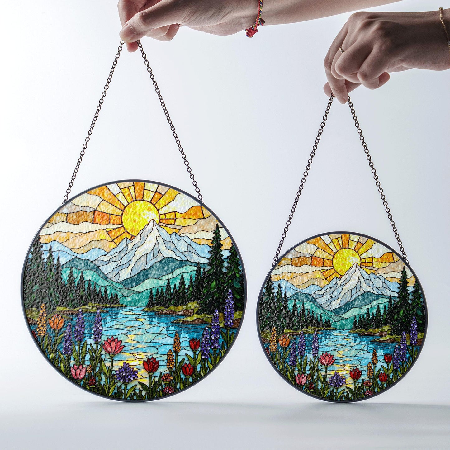 Mountain Lake Wildflower Suncatcher Stained Glass Window Hanging Gift for Nature Lovers