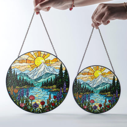 Mountain Lake Wildflower Suncatcher Stained Glass Window Hanging Gift for Nature Lovers