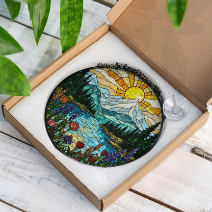 Mountain Lake Wildflower Suncatcher Stained Glass Window Hanging Gift for Nature Lovers