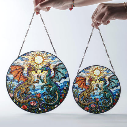 Fantasy dragon pair stained glass round suncatcher mystical window hanging gift for him