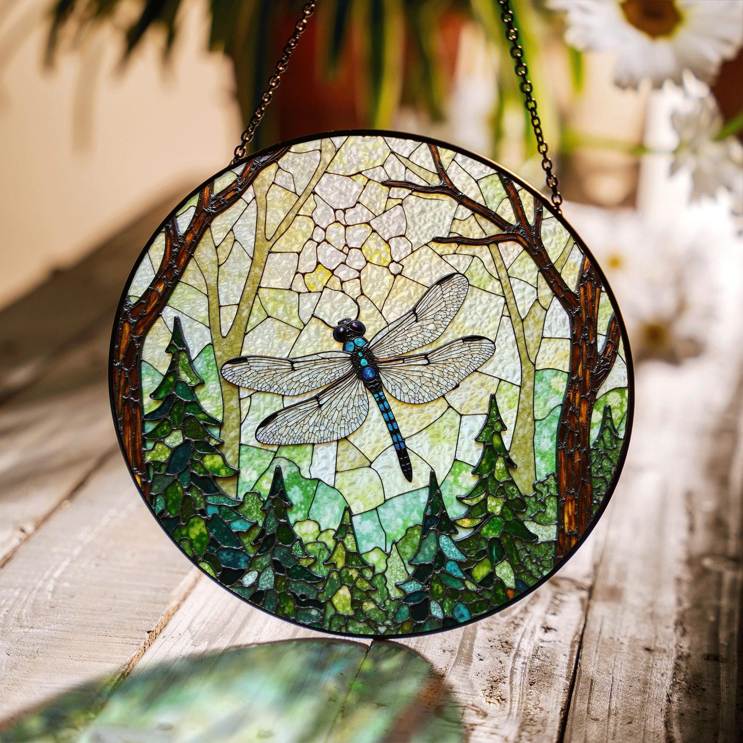 Dragonfly Forest Stained Glass Suncatcher Nature Window Hanging Gift for Mothers Day