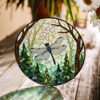 Dragonfly Forest Stained Glass Suncatcher Nature Window Hanging Gift for Mothers Day