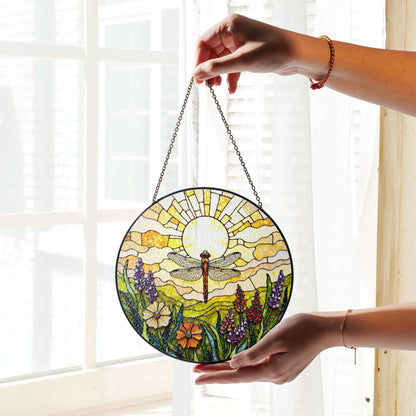 Dragonfly Sun Floral Field Stained Glass Suncatcher Gift for Nature Lovers or Mothers Day Decor