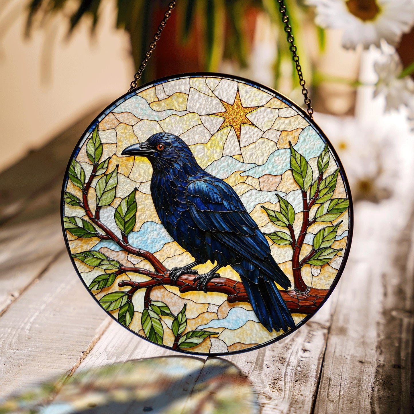 Midnight raven on tree branch stained glass suncatcher window hanging gift for Halloween or nature lover