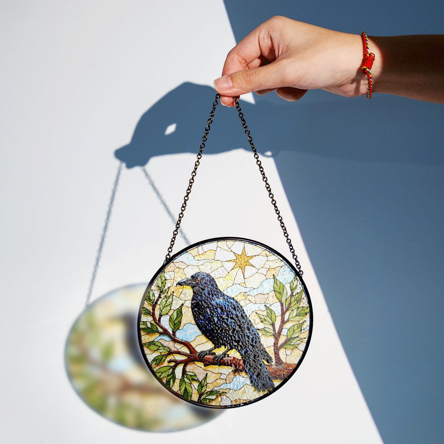 Midnight raven on tree branch stained glass suncatcher window hanging gift for Halloween or nature lover