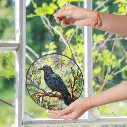 Midnight raven on tree branch stained glass suncatcher window hanging gift for Halloween or nature lover