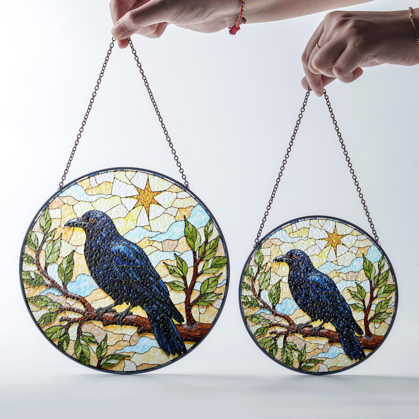 Midnight raven on tree branch stained glass suncatcher window hanging gift for Halloween or nature lover