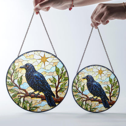 Midnight raven on tree branch stained glass suncatcher window hanging gift for Halloween or nature lover