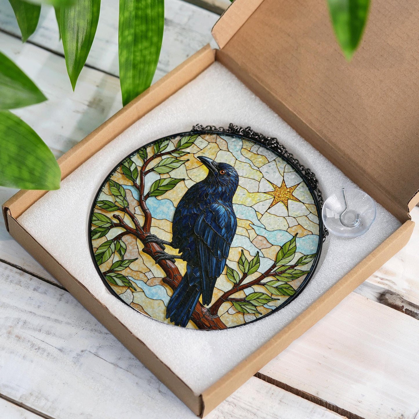 Midnight raven on tree branch stained glass suncatcher window hanging gift for Halloween or nature lover
