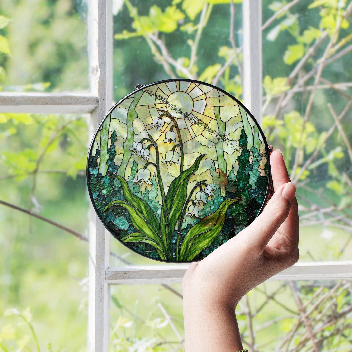 Lily of the valley stained glass suncatcher window hanging spring home decor mothers day gift