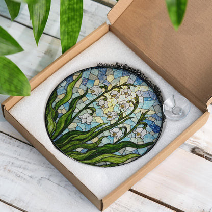 Lily of the valley flower stained glass round suncatcher spring window decor gift for mothers day
