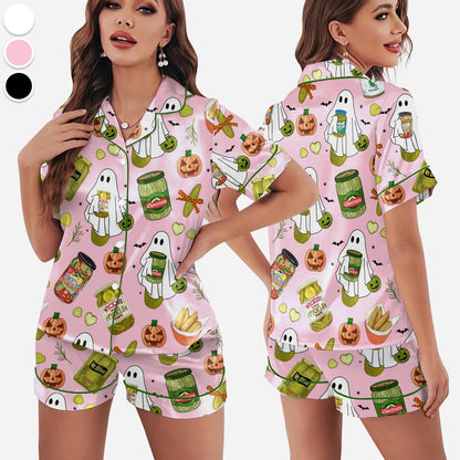 Halloween Pickle Print Satin Pajamas Set Printed Comfortable Satin Pajamas and Loungewear Pjs Short Sleeve Top & Shorts Withought Pockets