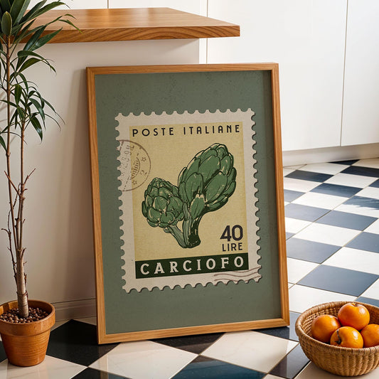 Artichoke Poster, Retro Stamp Poster | Retro Kitchen Print | Italian Food Art Print, Trendy Kitchen Decor, Unique Food Gift