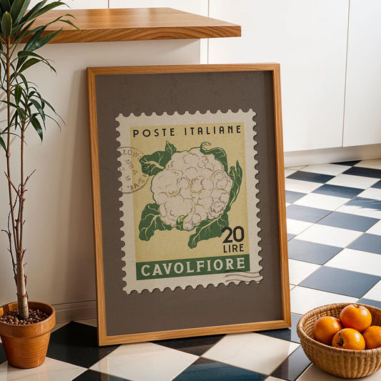 Cauliflower Wall Art, Retro Stamp Poster | Retro Kitchen Print | Italian Food Art Print, Trendy Kitchen Decor, Unique Food Gift